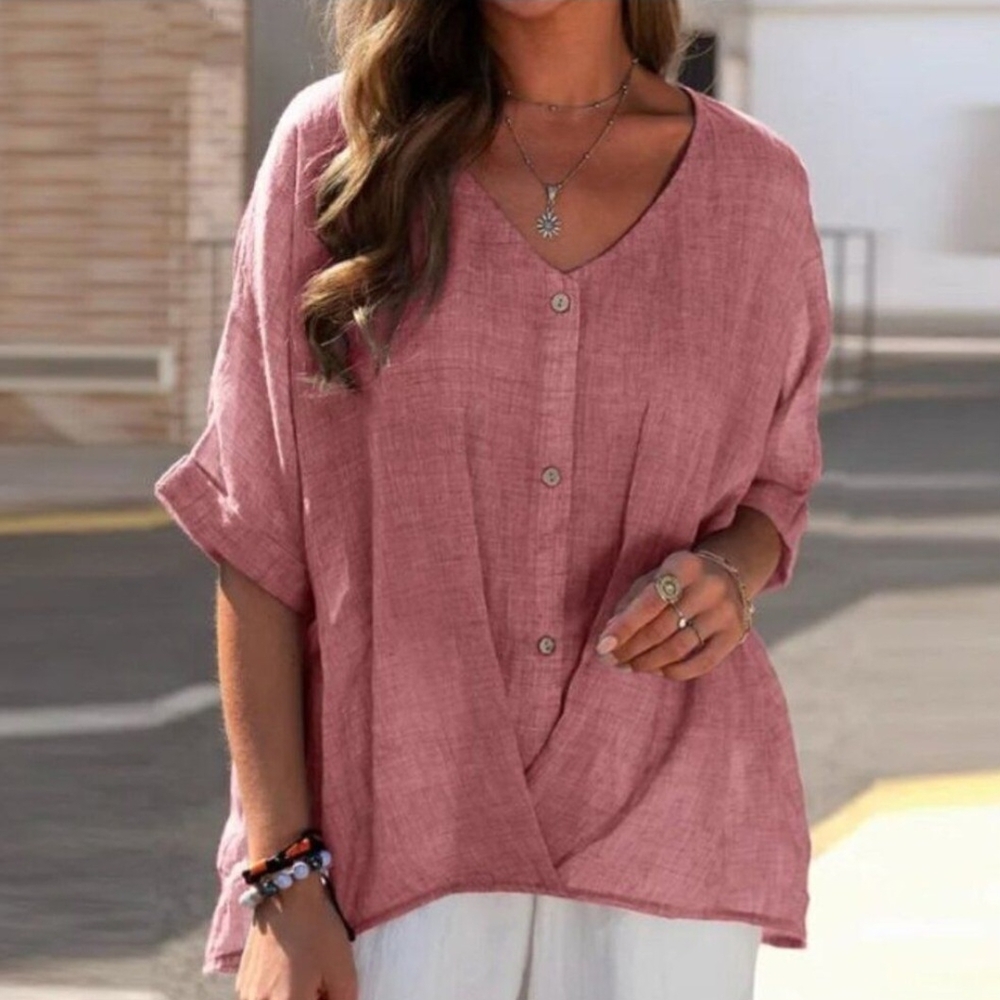 Elegant V Neck Single Breasted Boxy Button- Blouse with Short Cuffed Sleeves NIB